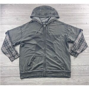 Hot Topic Mens Large Grey Star Graphic Layered Plaid Sleeve Zip Up Hoodie Grunge